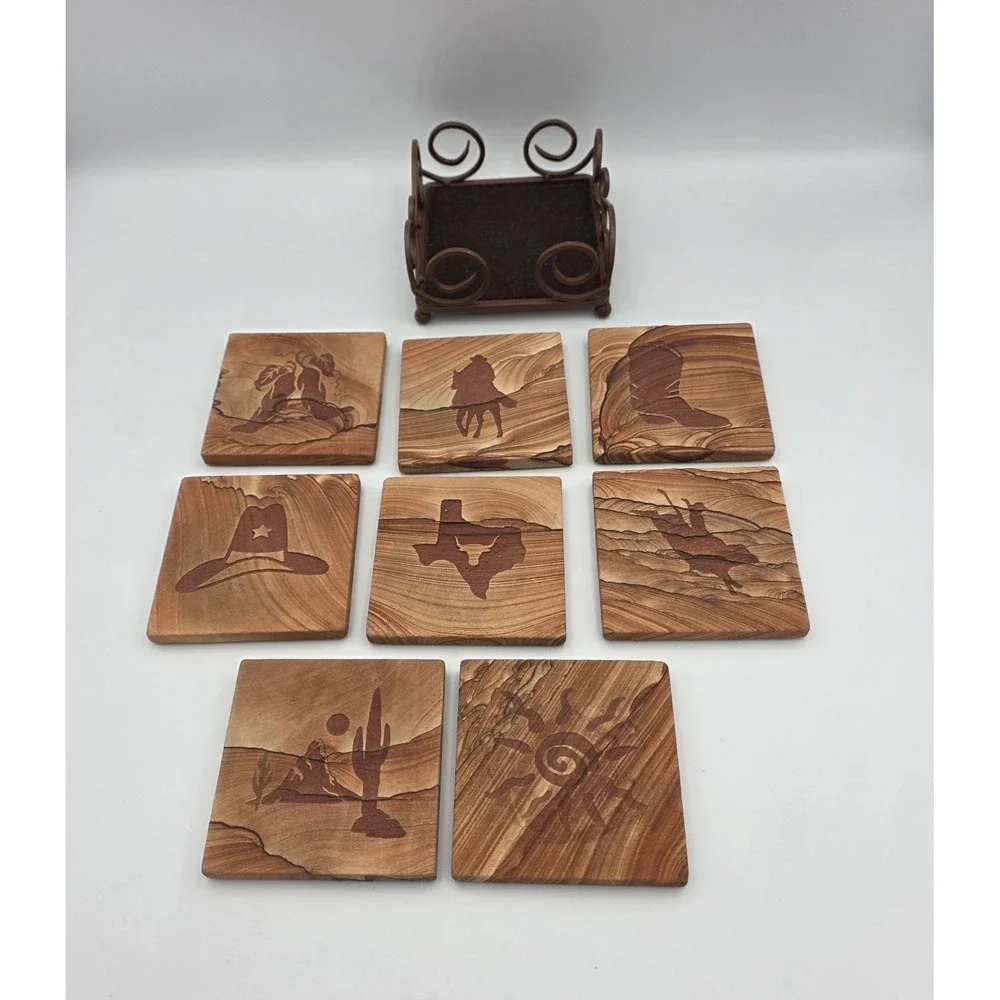 King Ranch Engraved Sanded Tile Coaster Set with Holder Western Horses Texas 9pc